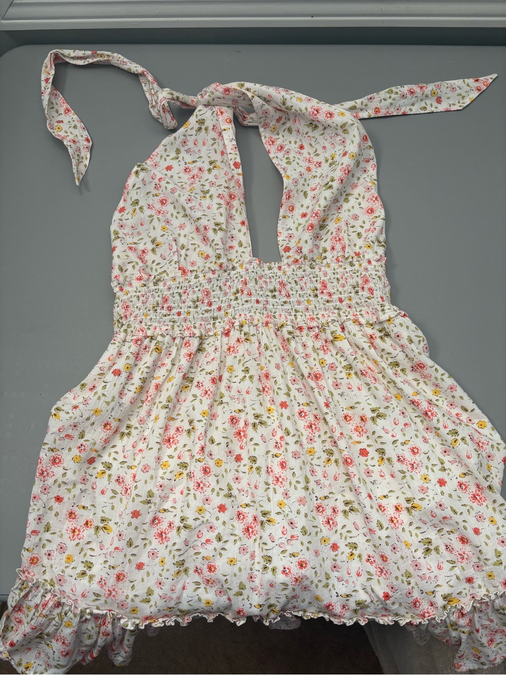 aerie White Floral Smocked Halter Dress